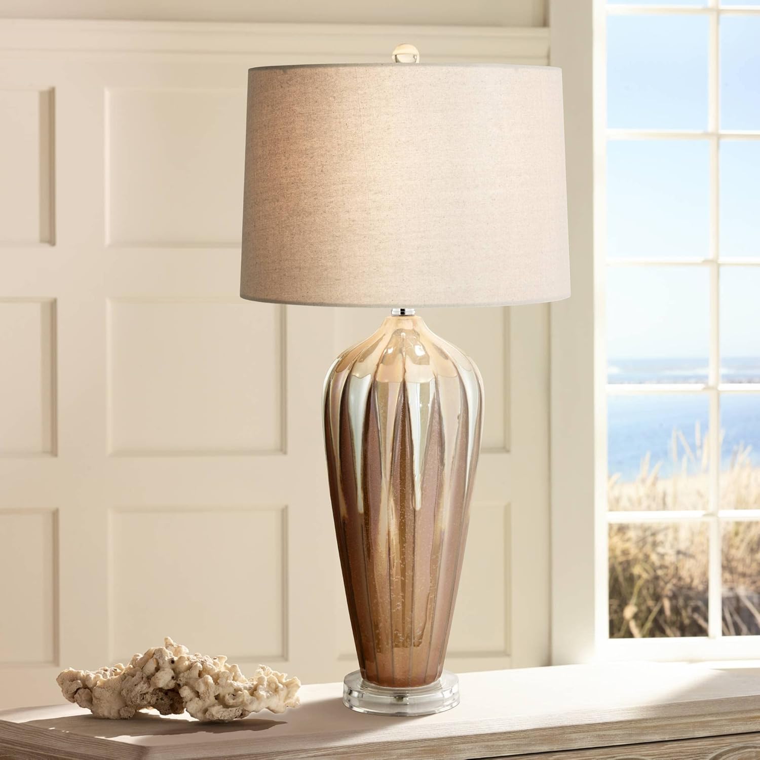 Possini Euro Design Loren 28 1/4" Tall Modern End Table Lamps Set of 2 Ivory Handcrafted Brown Ceramic Living Room Bedroom Bedside Nightstand House Office Home Reading Kitchen Entryway Console