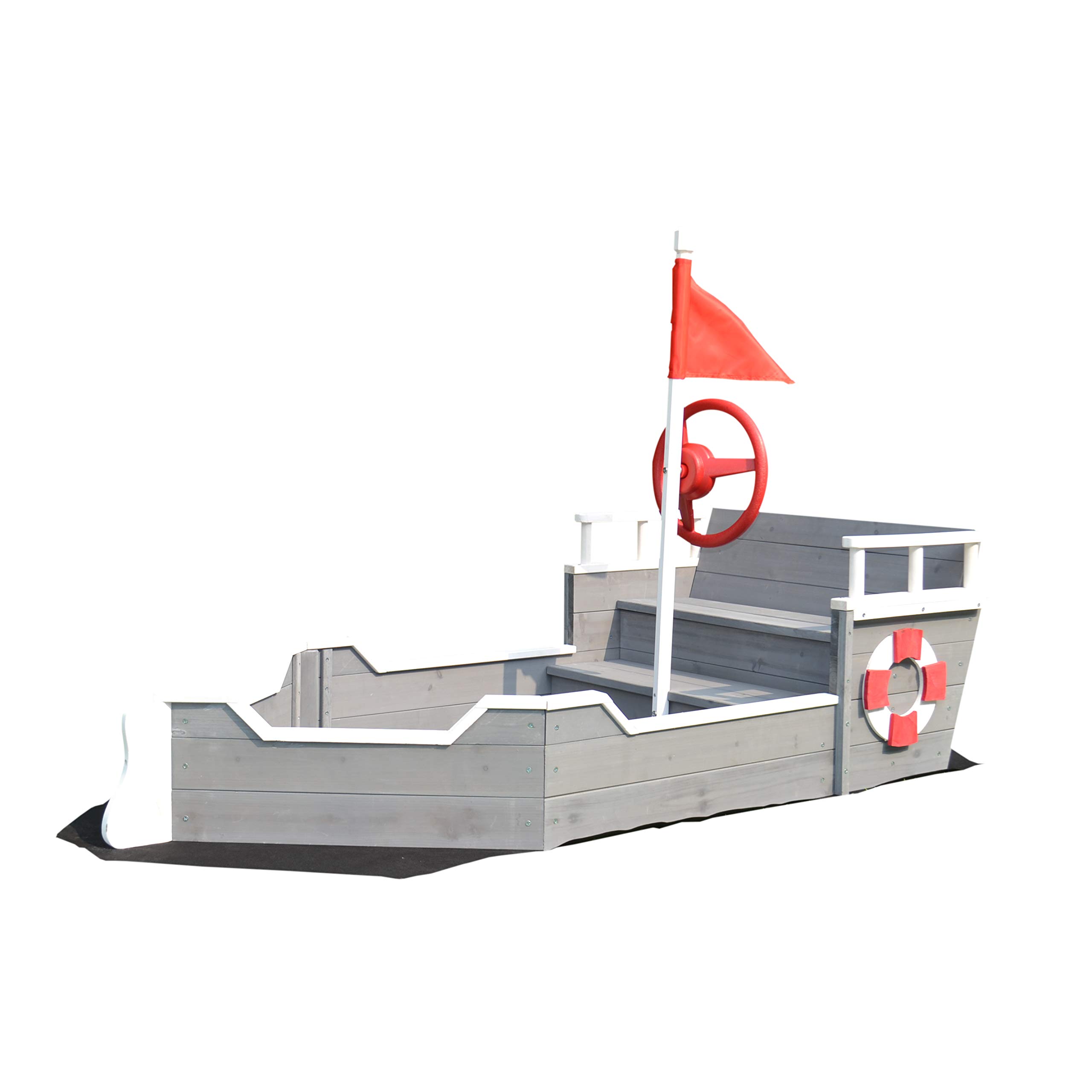 Sandkasten aus Holz Boot – Inkl. Bodenplane – Sitzbank mit Ablagefach – Schiff Spielplatz Ausrüstung - 1950 x 940 x 1355mm