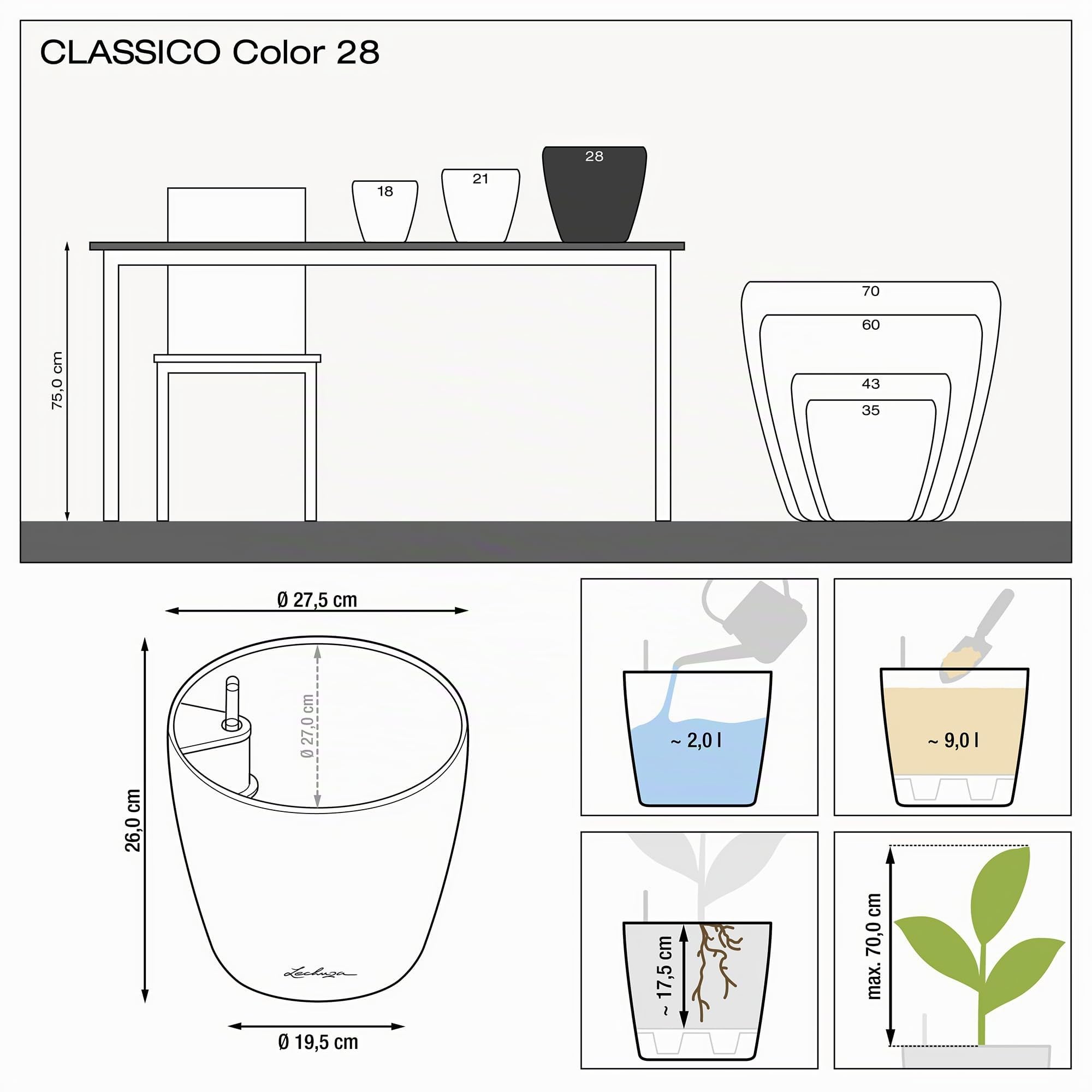 Lechuza – Pot de Fleurs d’Extérieur et d'Intérieur – Color Classico – Réserve d'Eau Intégrée – Coloris Gris Ardoise – Ø 28 x 26 cm