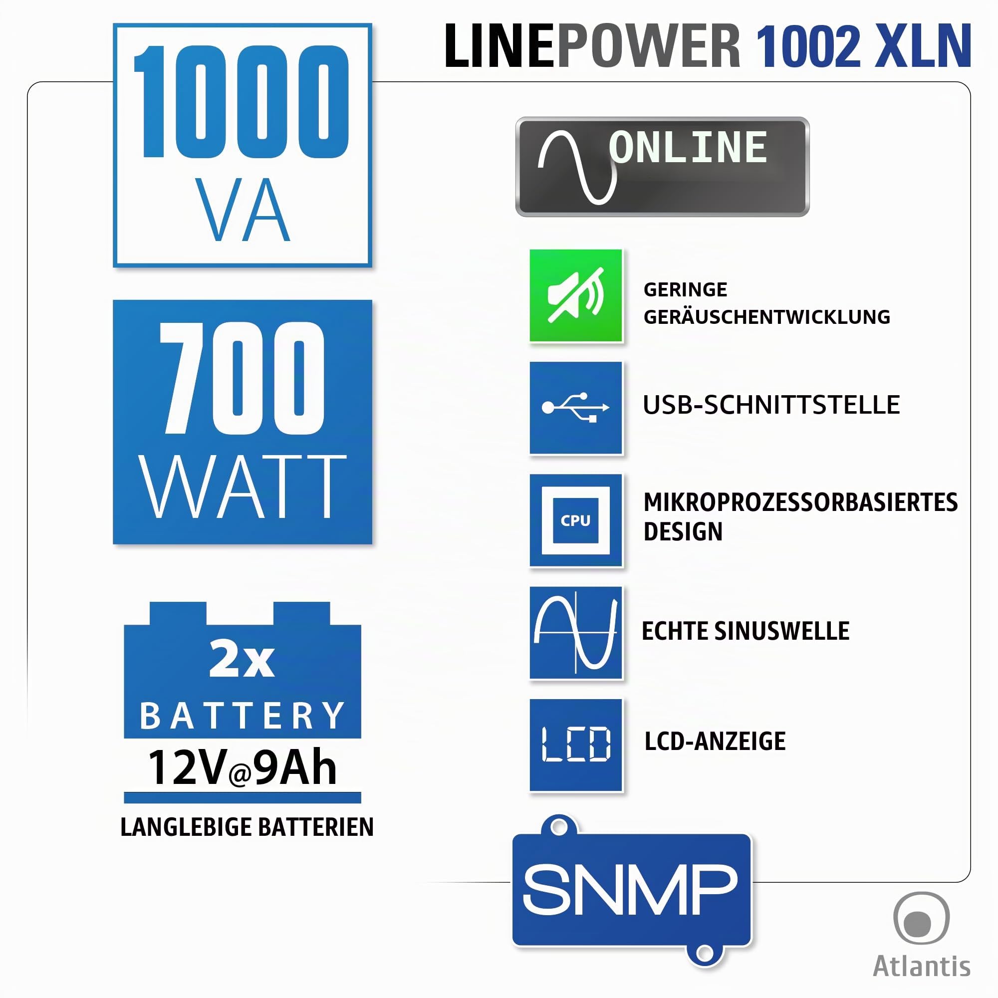 Atlantis A03-OP1002XLN UPS OnLine 88% Leiser unterbrechungsfreie Stromversorgung Server Doppelwandler Reine Sinuswelle 1000VA 700W, Lüfter Low Noise Gelid 23,6 dbA,USB,2 Schuko + 1 IEC, 2x12V-9Ah