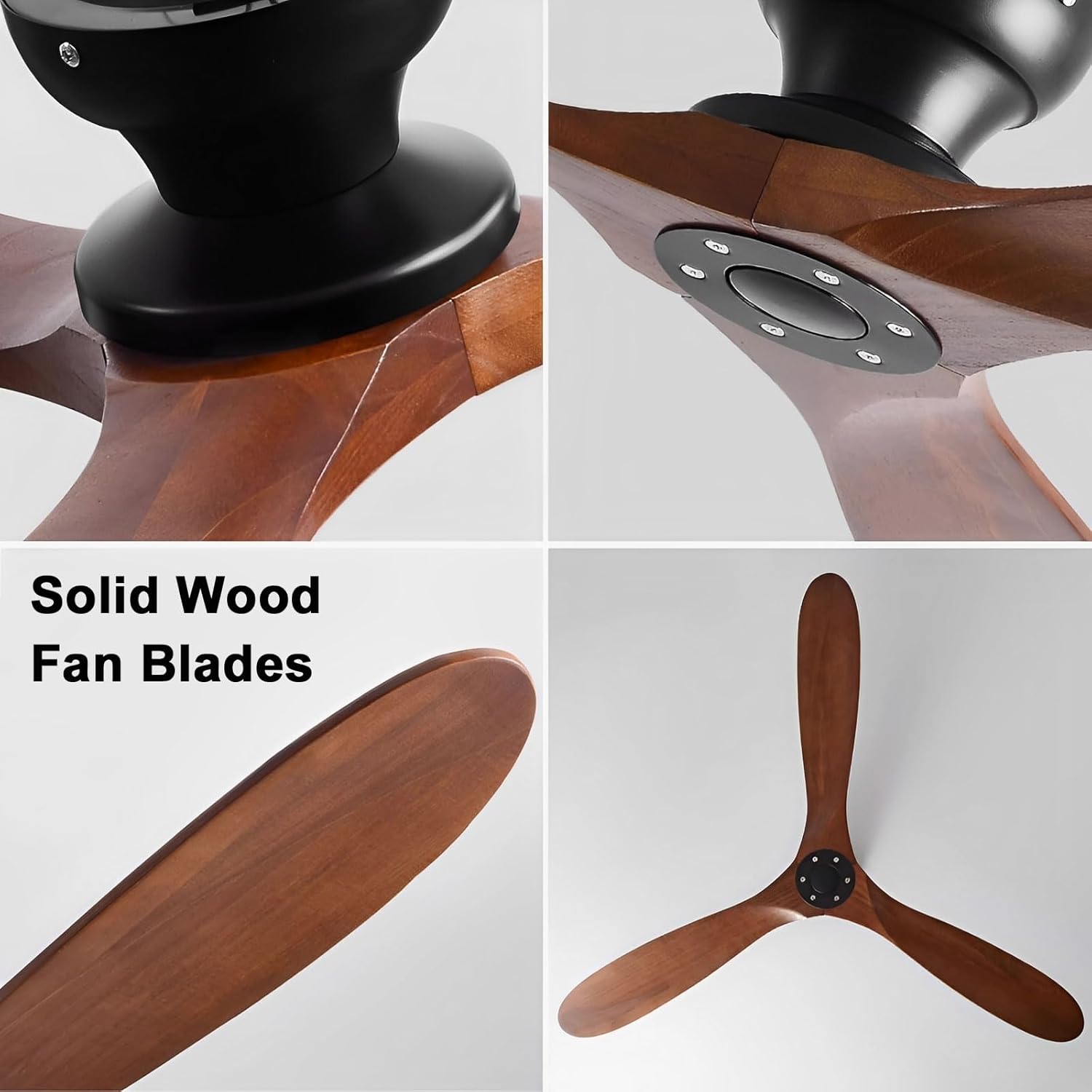 Solid Wood 52in Ceiling Fan Without Lights Flush Mount Ceiling Fans with Remote Control 6 Speeds, Wood Blades Modern Ceiling Fan No Light for Bedroom/Farmhouse/Patio/Indoor