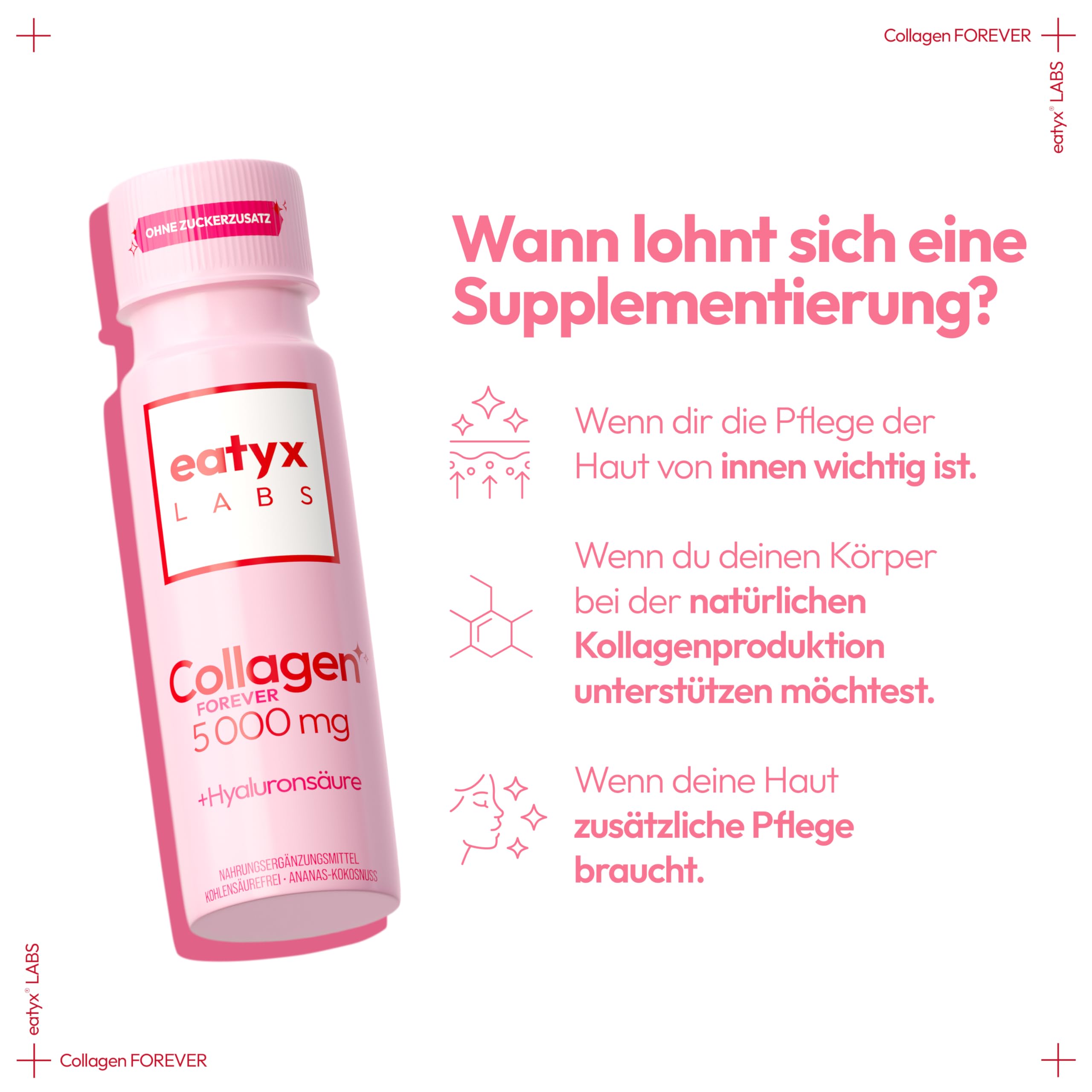 EATYX Labs Collagen Forever 30×80 ml – 30-dniowa kuracja kolagenowa 5000 mg, suplement diety na skórę, włosy i paznokcie, witaminy i kwas hialuronowy