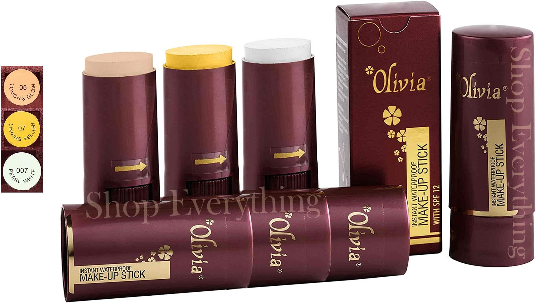 Olivia Instant Waterproof Radiant Full Coverage Make-Up Stick For All Skin Type, Spf 12 Radiant Finish, 15G (Pack Of 3) - Lining Yellow 07, Pearl White 007, Touch Glow 05