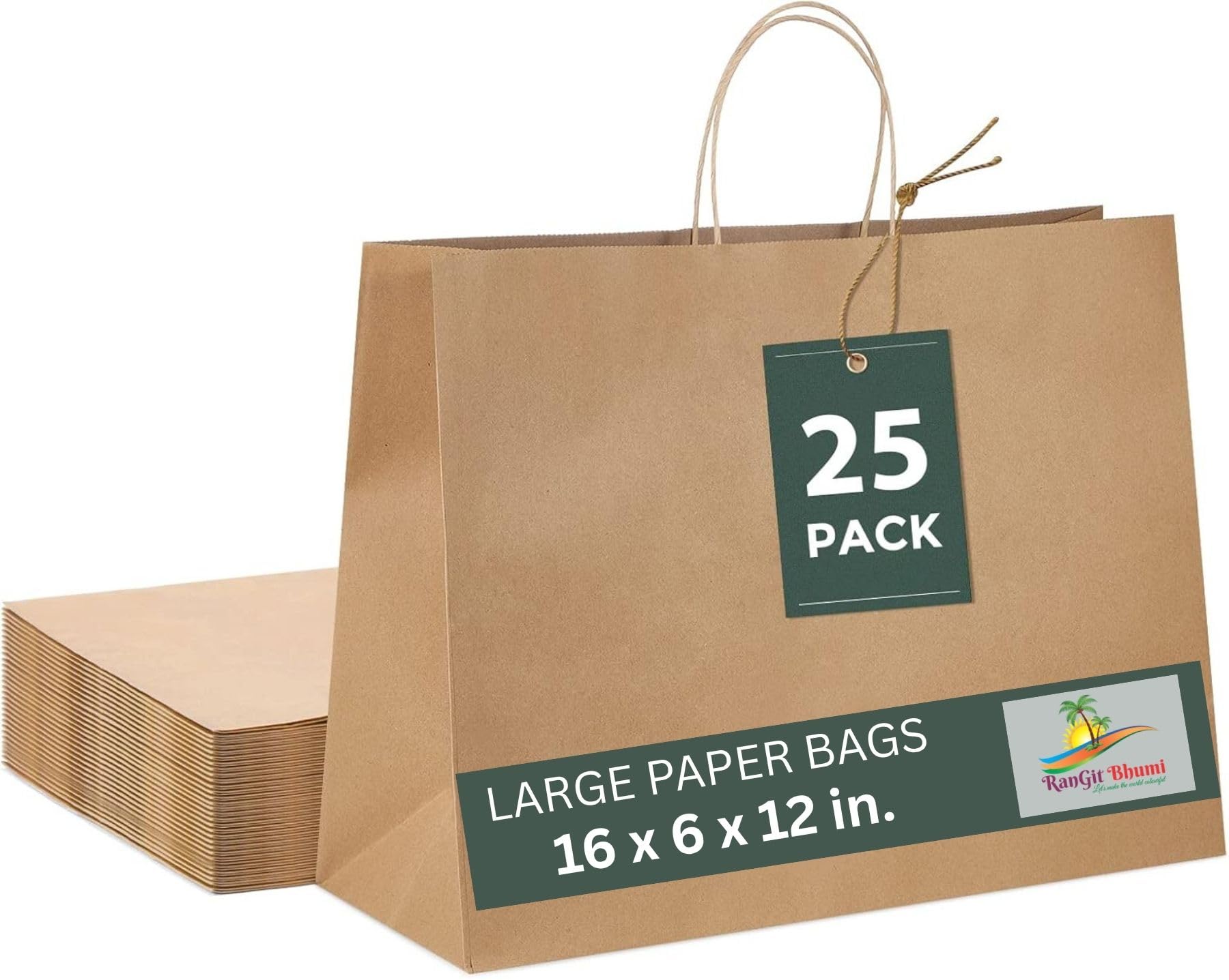 Kraft Paper Bags with Handles - 25pcs 16"x12"x5" Large Brown Bags for Shopping Retail Paper Carry Bags, Party Favor Return Gifting Bag, Disposable, Recyclable Eco Friendly (16x5x12 in Brown, 25 pack)