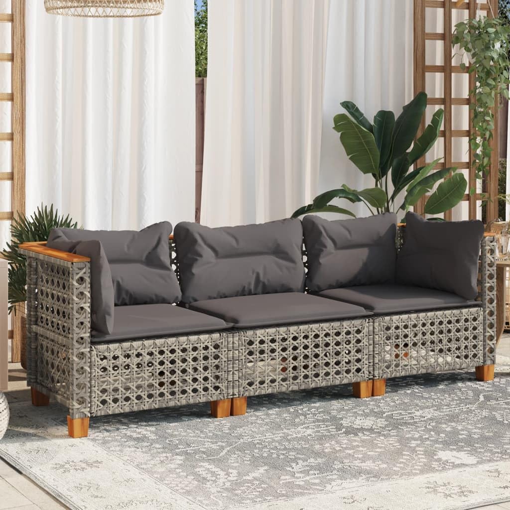 JUDYY Divano da Giardino con Cuscini 3 Posti Grigio in Polyrattan,Divano Giardino,Divano Giardino Esterno,Divano Giardino per Esterno-365939