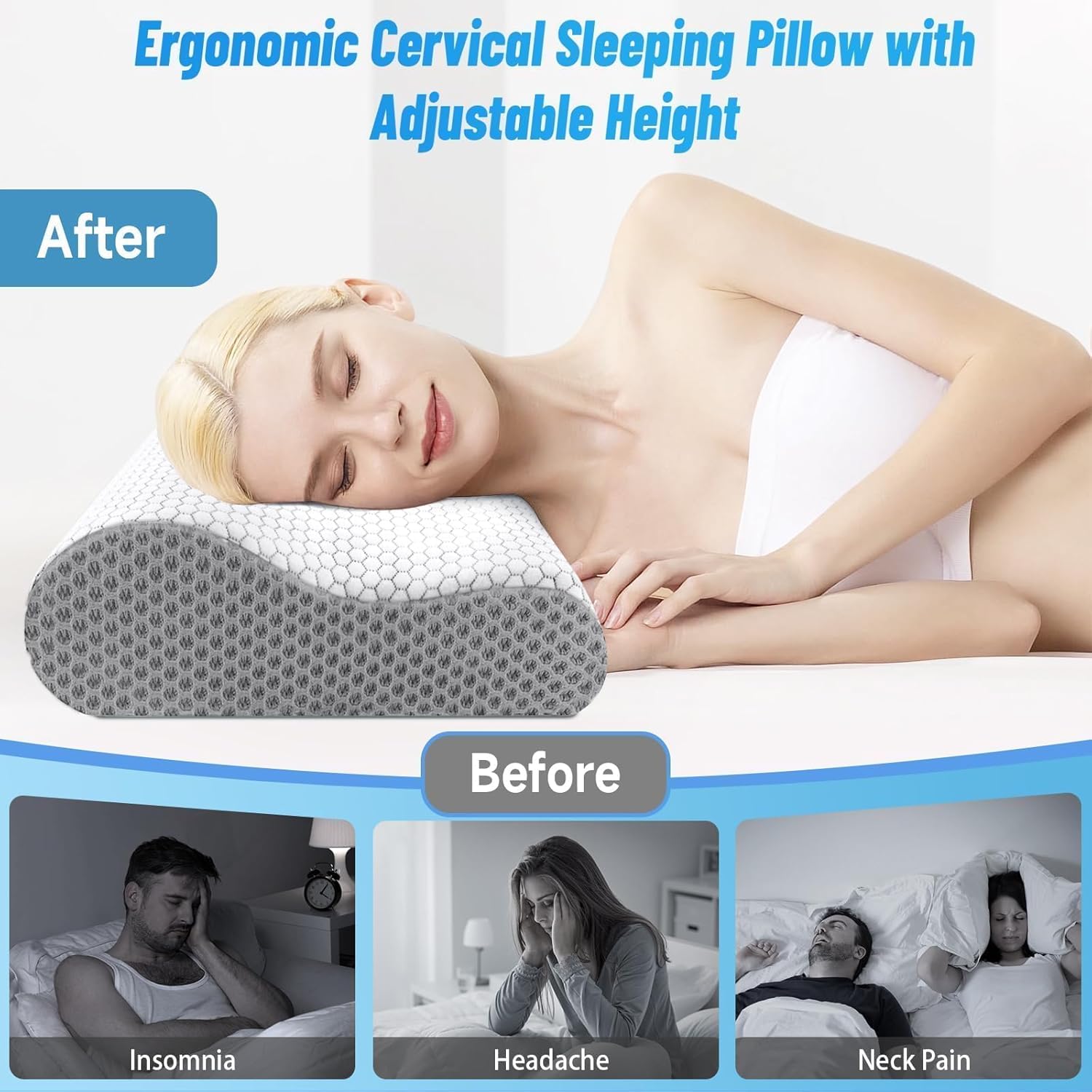 CloudBliss Memory Foam Pillow, Ergonomic Neck Contour Cervical Pillow for Back and Shoulder Pain, Orthopedic Pillow for Neck Pain Relief, for Sleeping Side, Back, Stomach Sleepers - Grey, King - Image 6