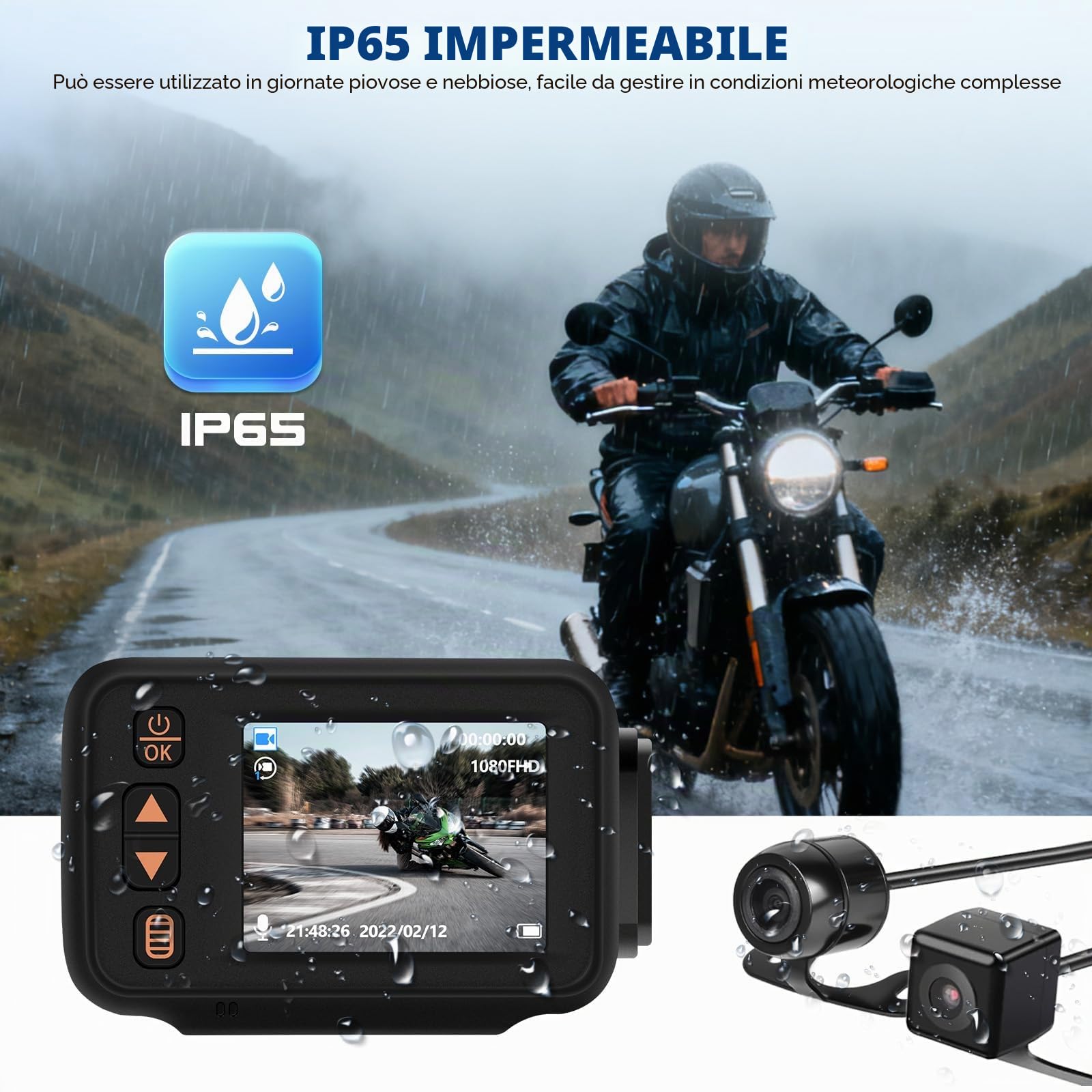 【NOVITÀ 2026】 CAMECHO Dashcam 1080P per moto con telecamera anteriore + posteriore, schermo IPS da 2 pollici Dashcam con IP65, rilevamento del movimento, monitoraggio del parcheggio per tutte le moto
