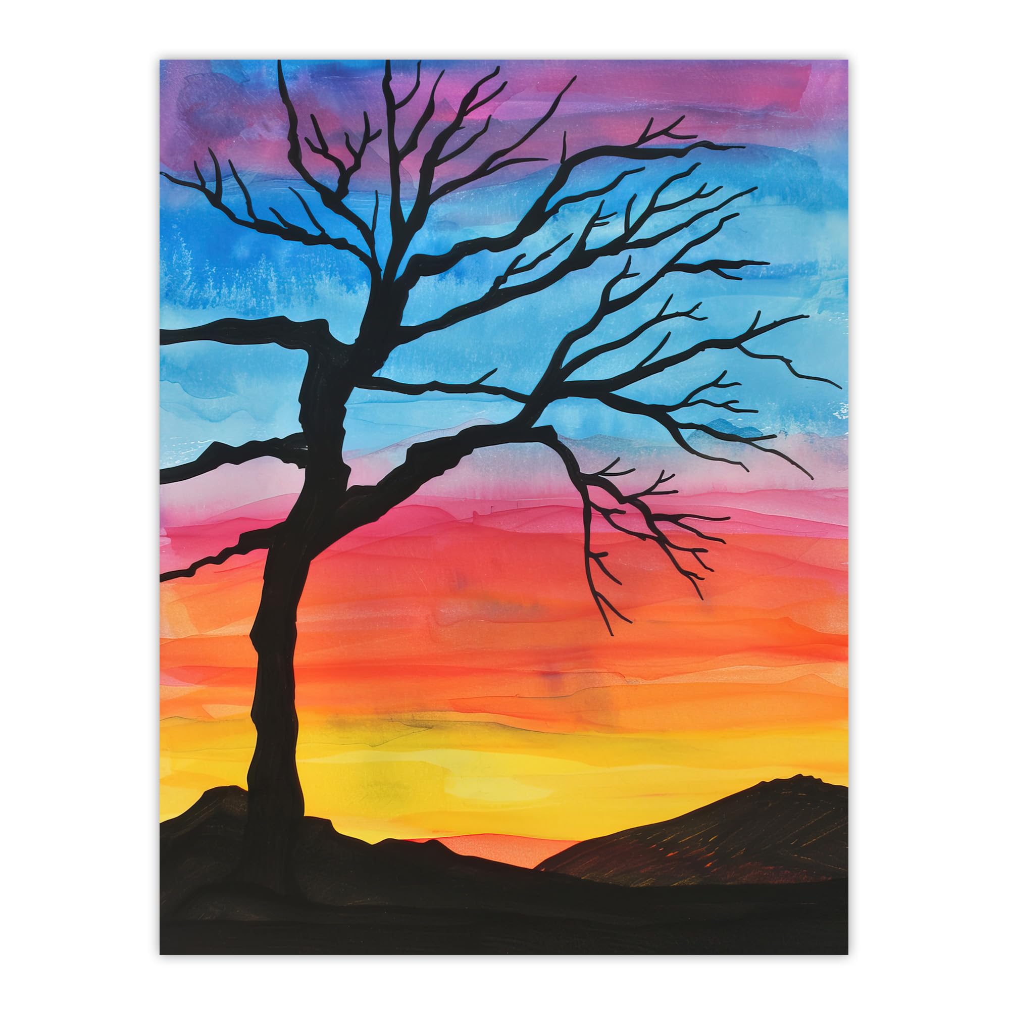 Artery8 Tree Silhouette Against Rainbow Sky Watercolour Living Room Extra Large XL Wall Art Poster Print