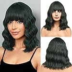BERON 14 Inches Dark Green Wig for Women Short Curly Wig Green Wigs with Bangs Loose Wavy Wigs for Daily or Party
