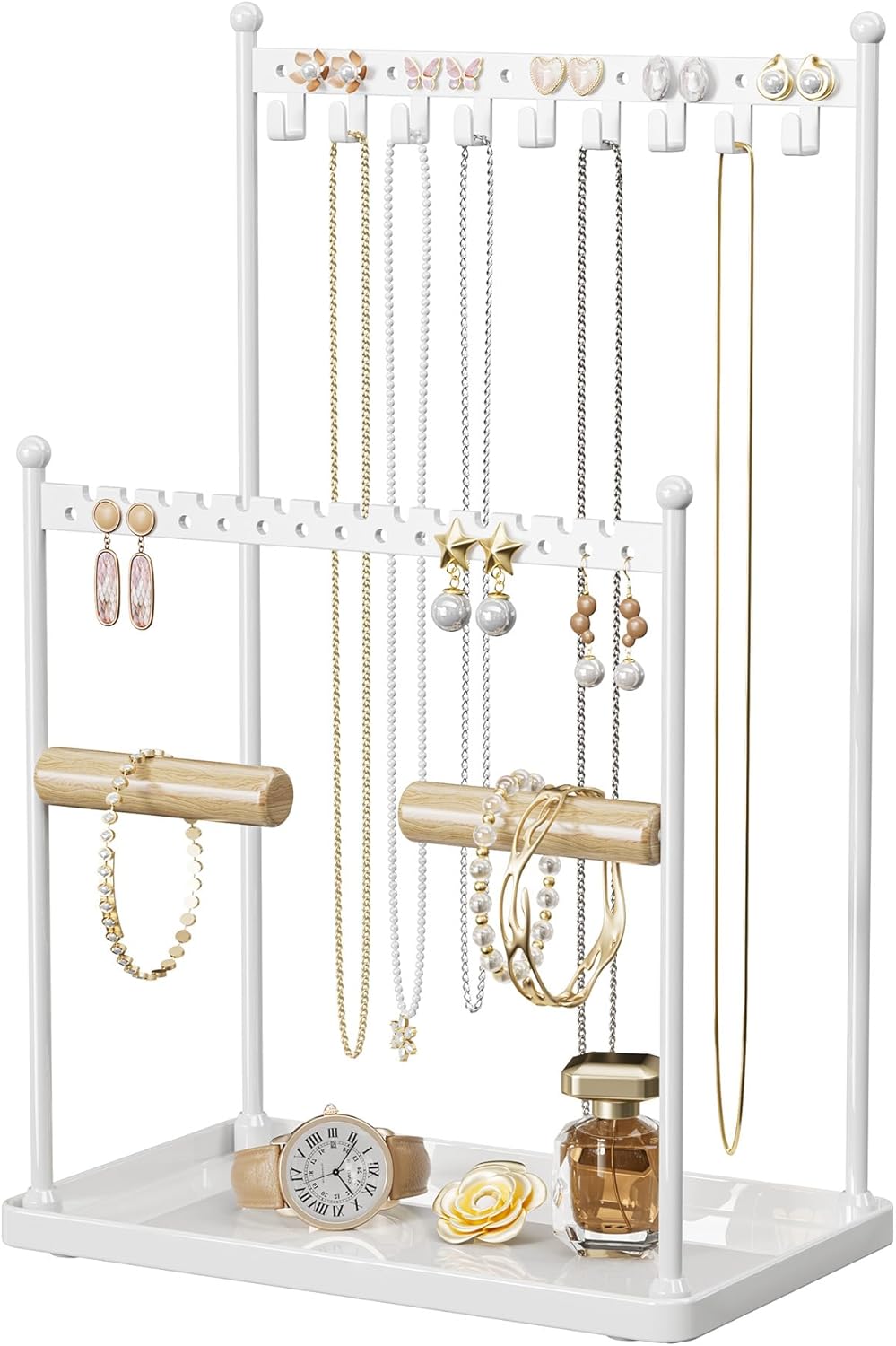 Josmimic 3-Tier Jewelry Organizer Stand - 44 Earring Holes, 9 Necklace Hooks, White - Necklace, Bracelet, Ring Holder