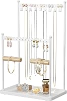 Josmimic 3-Tier Jewelry Organizer Stand - 44 Earring Holes, 9 Necklace Hooks, White - Necklace, Bracelet, Ring Holder