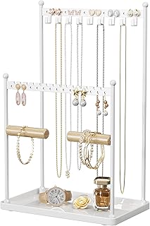 Josmimic Soporte organizador para collares, estante de exhibición de joyas de 3 niveles con bandeja de almacenamiento, capacidad para 22 pares de aretes, pulseras, anillos, collares, regalo para niñas