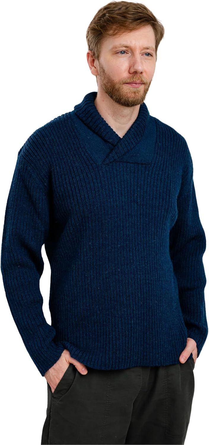 SAOL Men's Merino Wool Fisherman Sweater Shawl Collar Knit Pullover