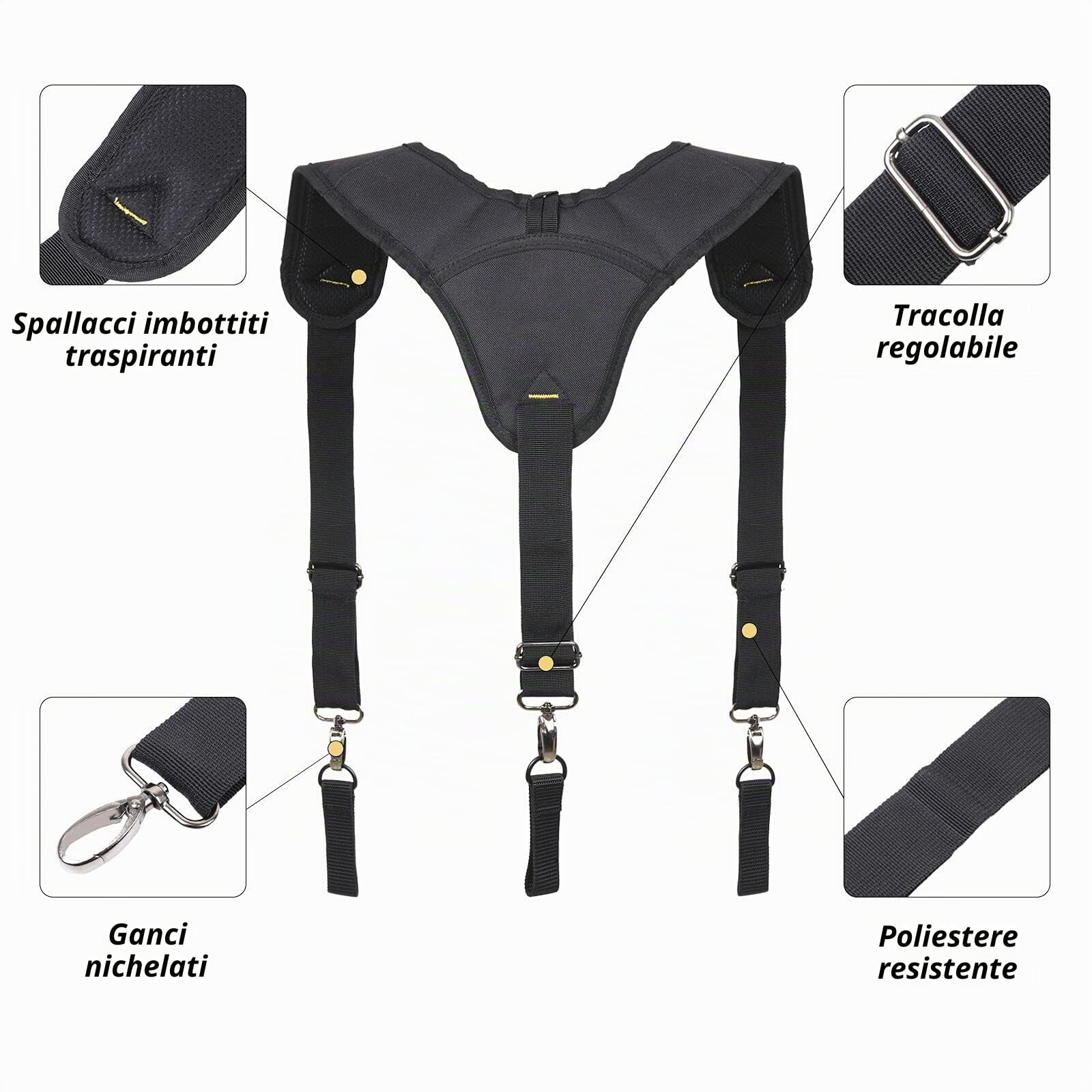 Bretelle per cintura degli attrezzi, resistenti, imbracatura imbottita per elettricisti con clip in metallo, design ad anello regolabile ed elastico