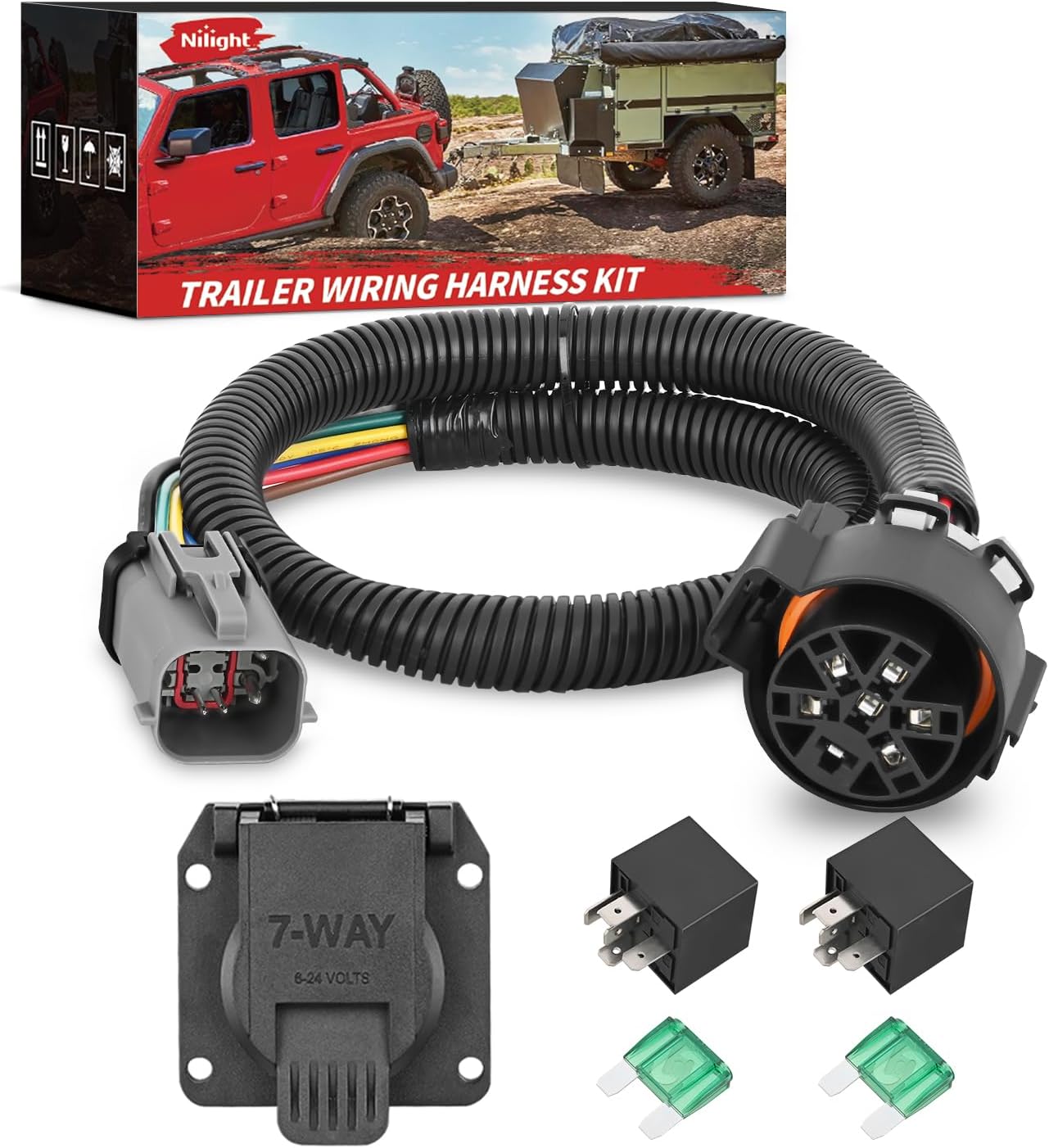 Nilight 7 Pin Trailer Wiring Harness Kit 55243 Vehicle Side 7 Way RV Blade USCAR Plug Compatible with 1999 2000 2001 Ford F250 F350 F450 F550 Super Duty F-250 F-350 F-450 F-550 Tow Hitch Accessories