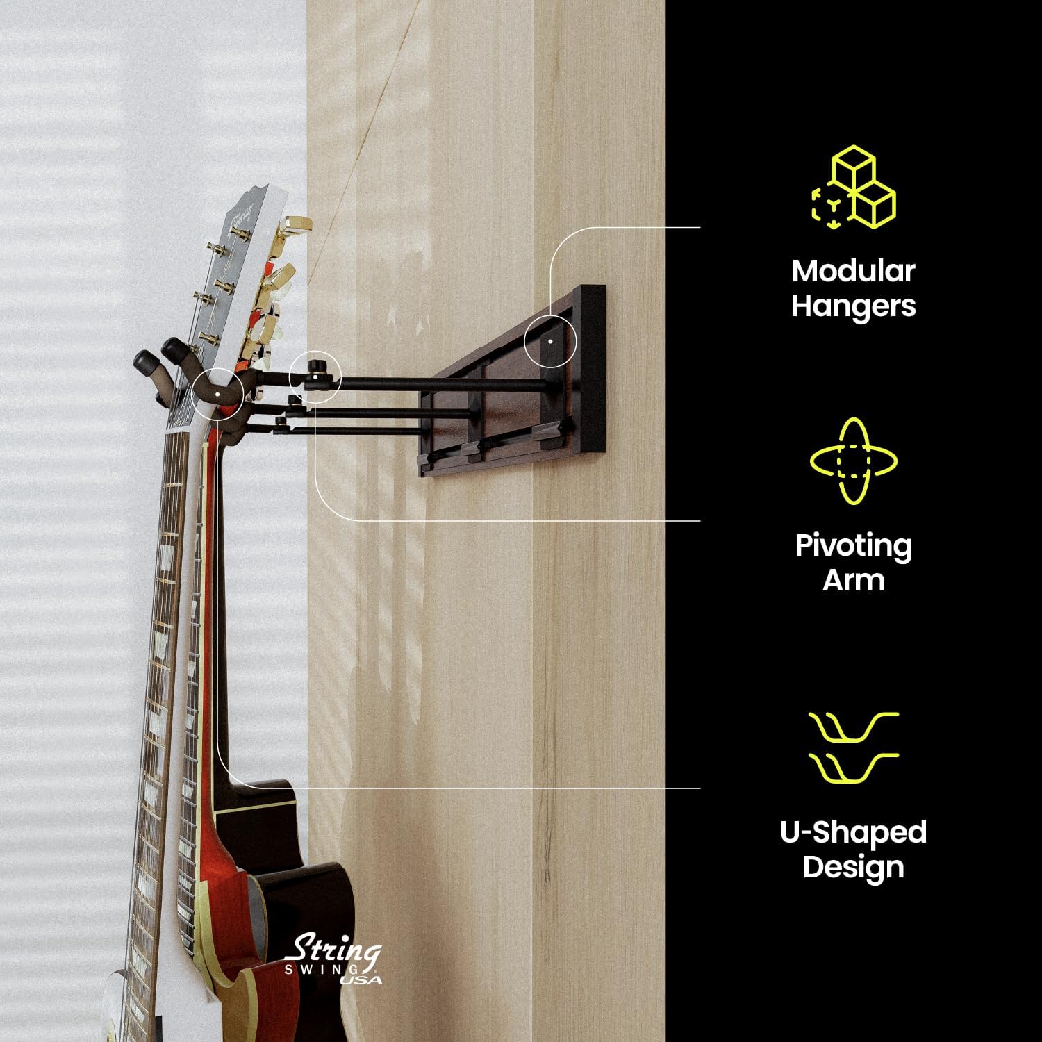 String Swing Guitar Wall Rack, Multiple Guitar Wall Mount, Guitar Organizer for Acoustic & Electric Guitars, 3 Padded Arm Hangers & Black Walnut Slatwall Rail, Wall Mount Guitar Rack - Made in USA