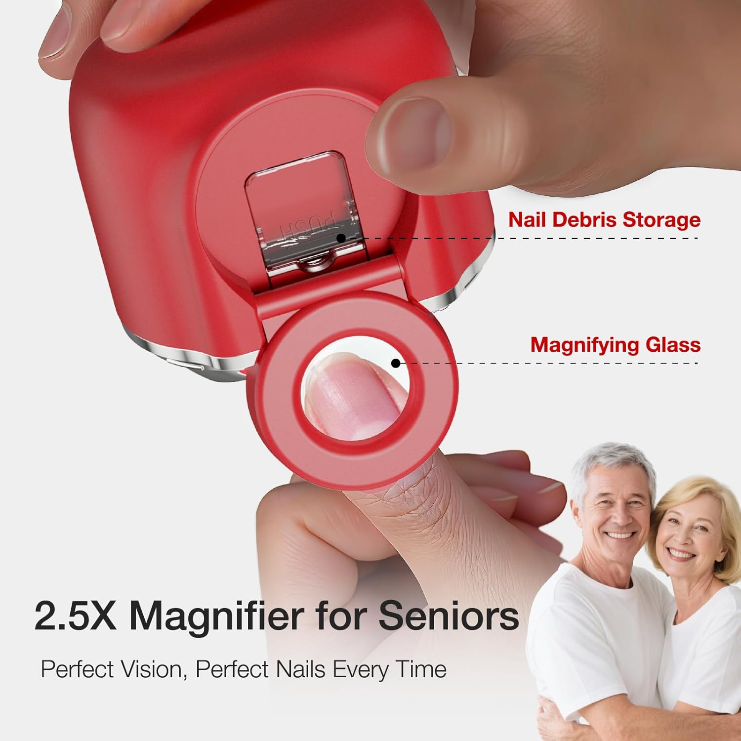 Electric Nail Clipper with 3 Speeds,Safety Fingernail Trimmer for Adults, Seniors, Kids,Adjustable Blade Opening for Thick&Thin Nail,Magnifying Glass & LED Light,Nail Scraps Storage, USB Charging,Red