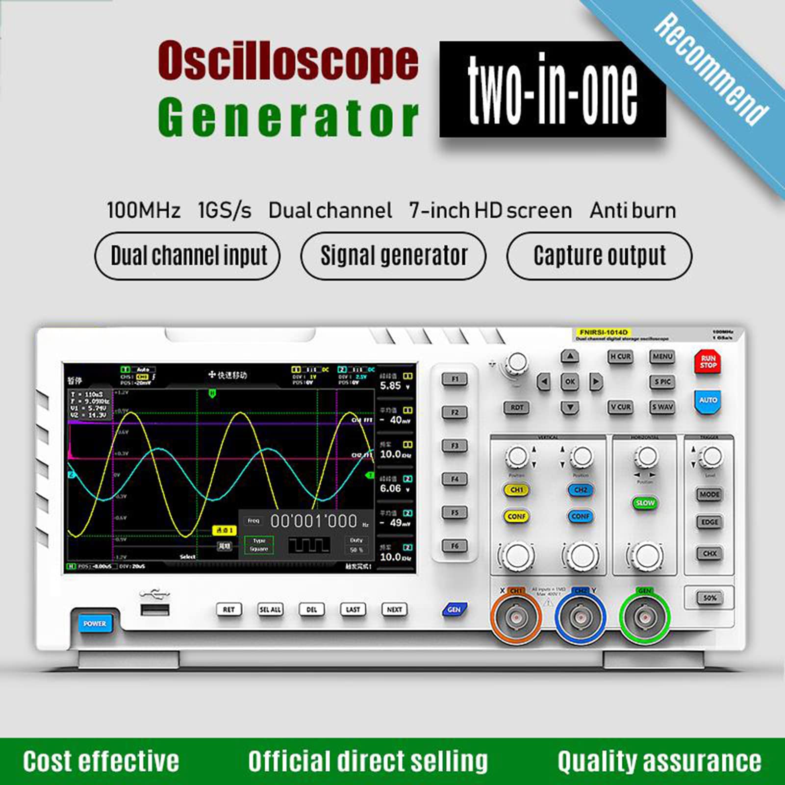BuyWeek Digitales Oszilloskop, 2 in 1 Zwei Kanal Eingang Signalgenerator 100MHz 1GSa/s LCD Anzeige Digital Oszilloskop mit USB Schnittstelle