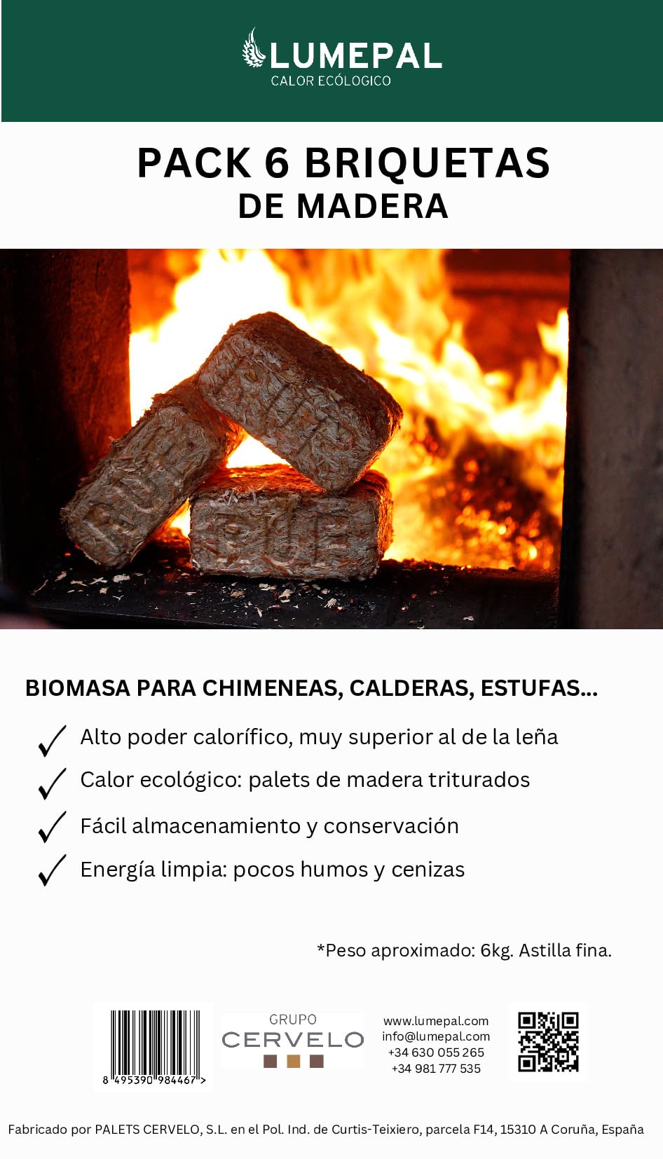 BRIQUETAS DE Madera - Pack 6 Unidades - 6kg Aprox. - Uso para chimeneas, cocinas, Estufas de leña...
