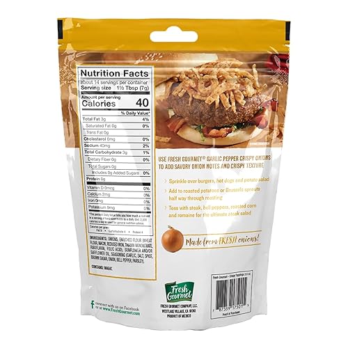 Miniatura 2 de Fresh Gourmet Cebollas crujientes de ajo y pimienta  Bajo en carbohidratos  Bocadillo crujiente y decoración de ensalada de 3.5 onzas (paquete de 6)