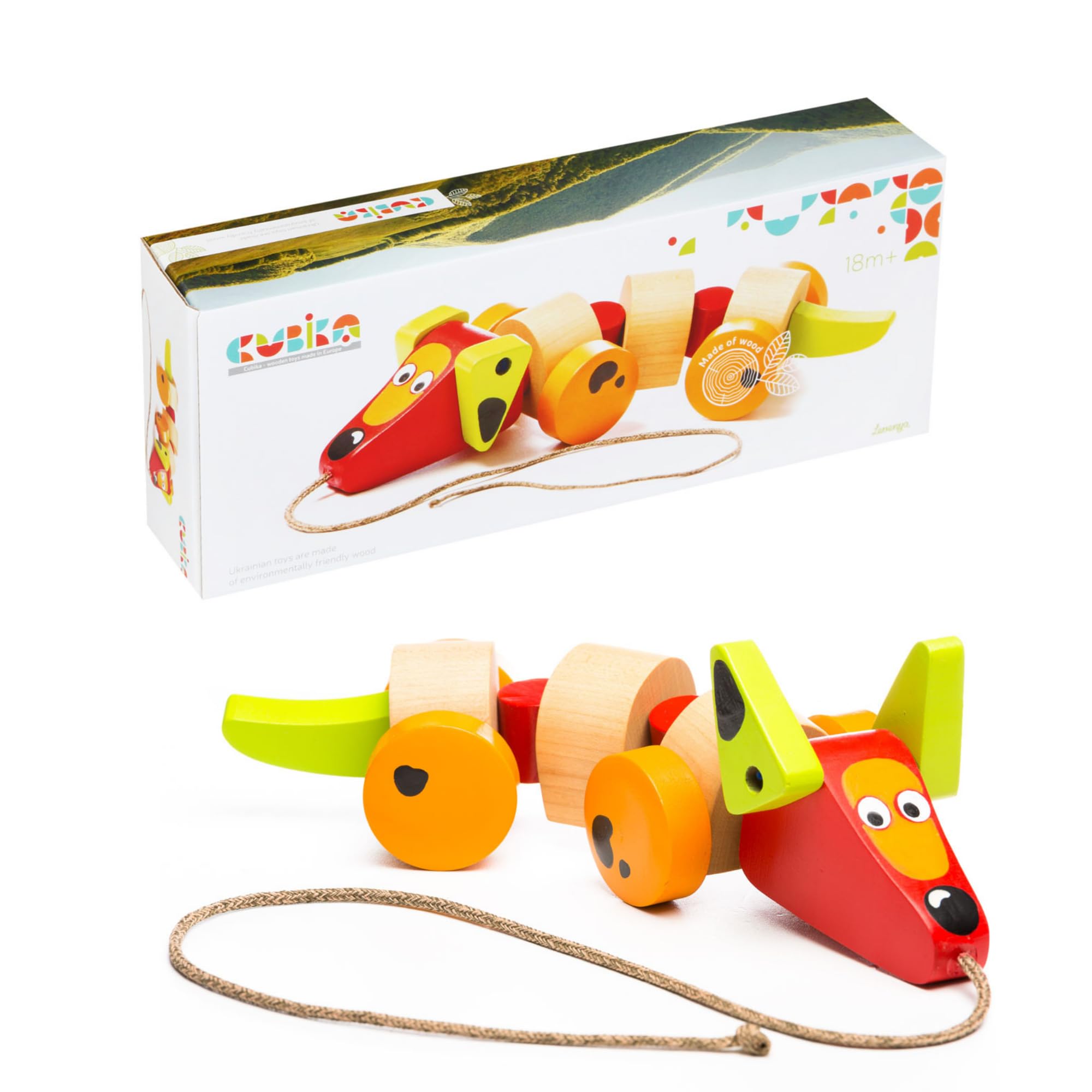 Cubika Wooden Walk Along Sausage Dog – Pull Toy for Toddlers Ages 1-3 – Montessori Inspired, FSC-Certified Wood, German Water-Based Paint – Travel Wooden Toys for Boys and Girls