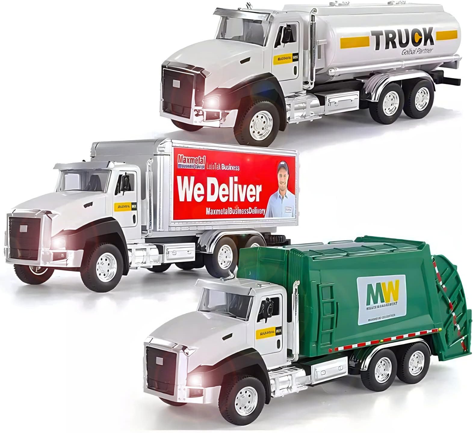 3 Pack City Diecast Semi Trucks Transport Set - Big Toy Garbage Truck, Oil Tanker, & Transport Vehicle Toy with Pull Back Action - 1/50 Scale Metal Collectible Model Alloy Car Vehicles