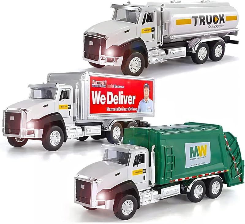 Juego de transporte de semirremolques City Diecast de 3 unidades: camión de basura de juguete grande, petrolero y vehículo de transporte de juguete con acción de retroceso, vehículos de aleación de modelo coleccionable de metal a escala 1/50