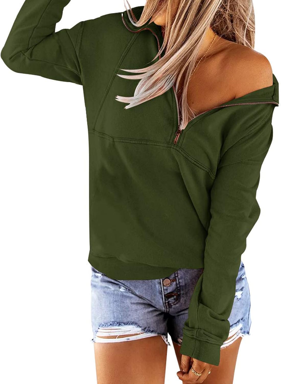 Floral Find Women's Long Sleeve Lapel Half Zip Up Sweatshirt Solid Stylish Loose Fit Casual Pullover Tops - Image 2