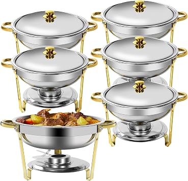 Chafing Dishes for Buffet, Gold Chafing Dish Buffet Set 5QT, Rolled Edge Buffet Servers and Warmers for Any Party, Wedding, Birthday and Hotel 6 Pack