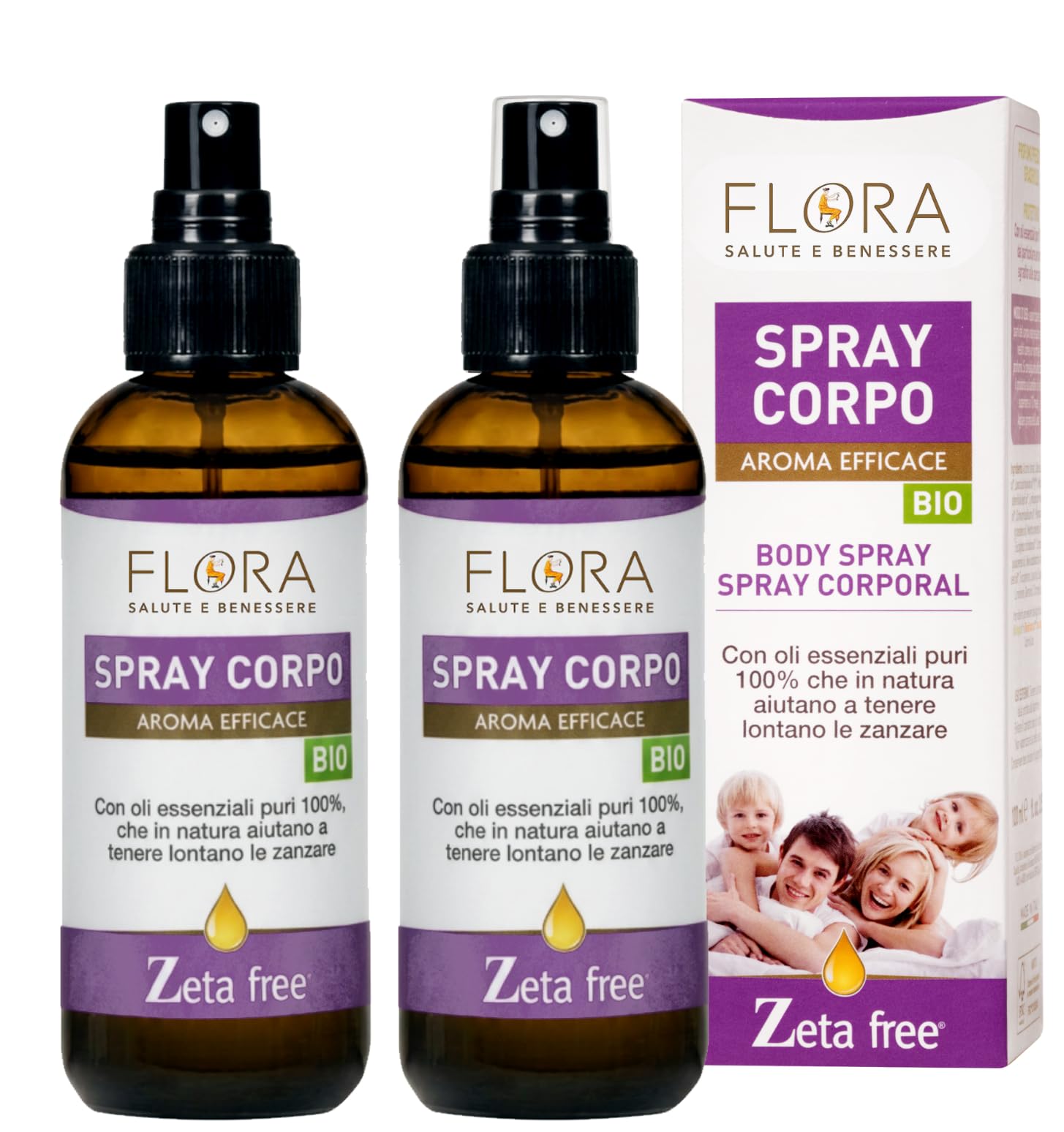 FLORA Spray Corpo, pack da 2 Pz da 100 ml, Zeta free BIO-COSMOS Per un’estate serena liberi dalle zanzare Azione protettiva e rinfrescante