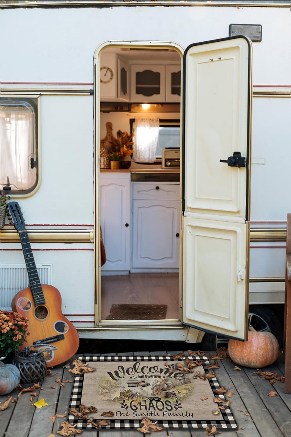 Happy Camper RV Doormat 25x35 Inches Family Name Personalized Durable Door Mat Non-Slip Entrance Rug Camping Floor Mats Welcome Mat Funny Home Decor Custom Camping Gifts D30-14