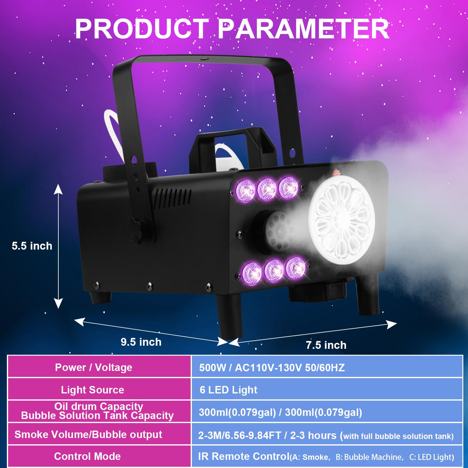 Macchina per bolle di fumo 3 in 1 con luci a LED e telecomando wireless, soffiatore per bolle, illuminazione RGB per feste, matrimoni, Halloween, Natale