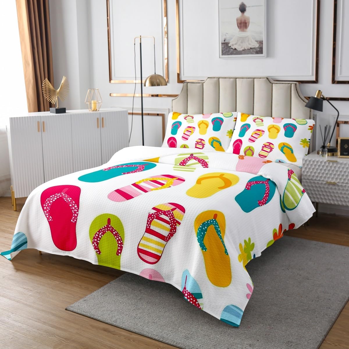 Erosebridal Cartoon Flip Flops Coverlet Twin Size Kawaii Slippers Bedding Set, Summer Holiday Theme Bedspread Set Hawaii Farmhouse Quilt Set, Lovely Polka Dots Bed Set, White Teal Red Pink Blue