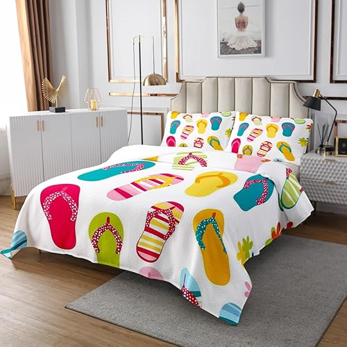 Miniatura 3 de Erosebridal Juego de colcha de chanclas de dibujos animados tamaño Queen, juego de colcha de pantuflas kawaii de vacaciones de verano, juego de ropa