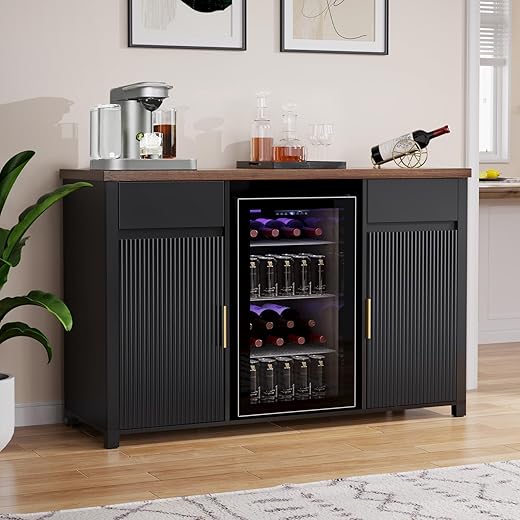 GDLF Large Coffee Bar Cabinet with Fridge Space, Mini Fridge Cabinet with Wine Storage, Buffet Sideboard Table for Home, Fluted Modern Design,53.2" L
