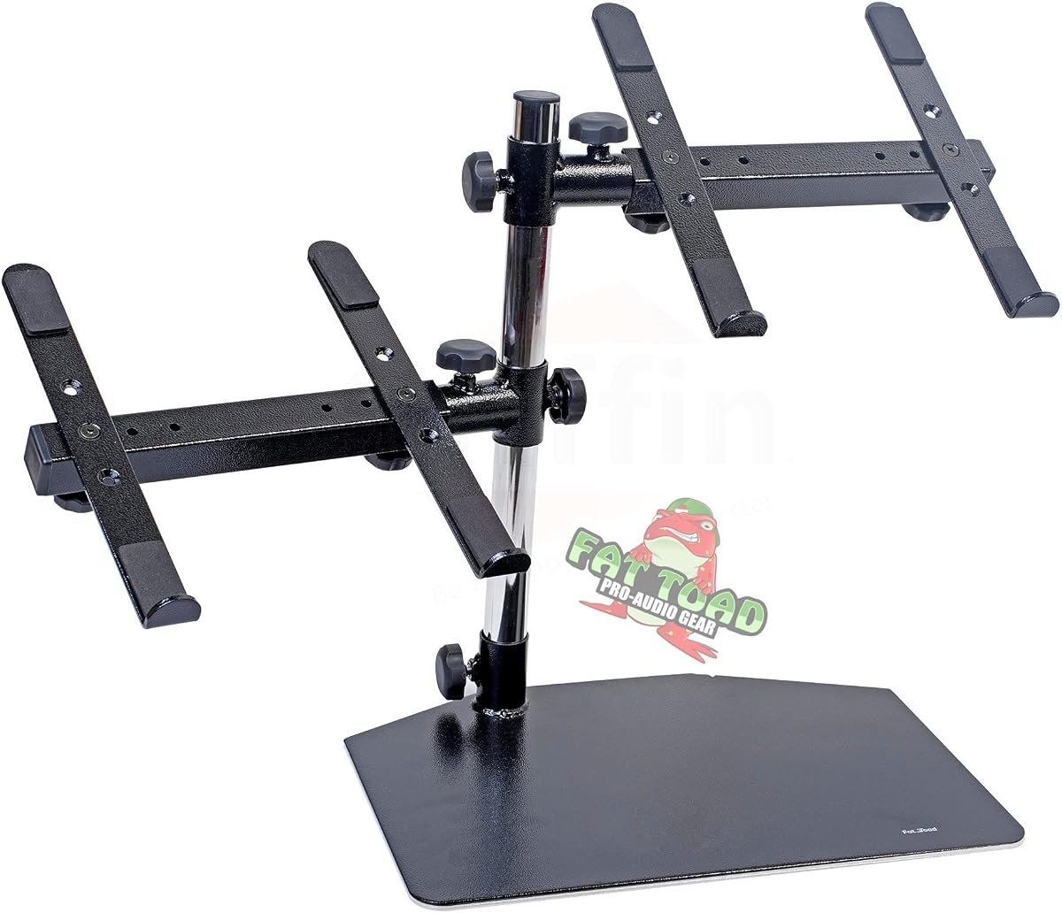 Fat Toad Double DJ Laptop Stand (Table-Top PRO Edition) - Estante portátil para equipos de computadora de PC de 2 niveles con soportes para mezcladores de estudio de música, controladores, monitores y equipo de cabina de disc jockey