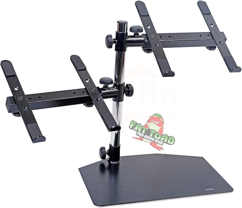 Fat Toad Double DJ Laptop Stand (Table-Top PRO Edition) - Estante portátil para equipos de computadora de PC de 2 niveles con soportes para mezcladores de estudio de música, controladores, monitores y equipo de cabina de disc jockey