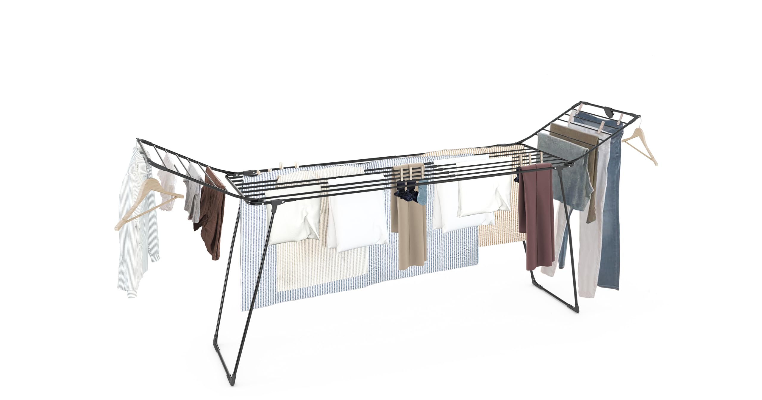 Garrandt Stendibiancheria Estensibile XXL Con Ali – Superficie Asciugatura 18 M, Pieghevole E Salvaspazio, Colore Nero, Ideale Per Balcone, Campeggio E Bagno