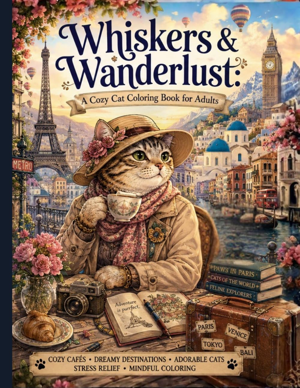 Whiskers & Wanderlust: A Cozy Cat Coloring Book for Adults