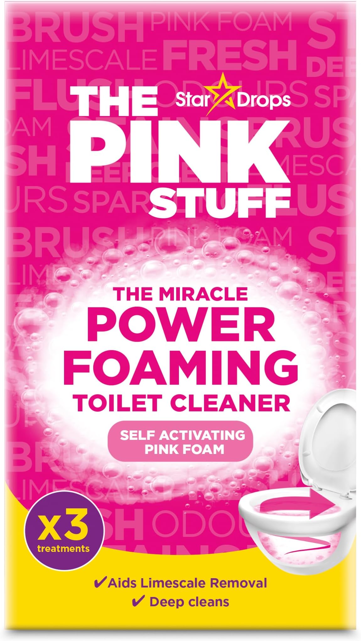 The Pink Stuff Miracle Power Foaming Toilet Cleaner - Deep Cleaning Self Activating Pink Foam For Tough Stains Odor Limescale Removal And More - 3 Treatments