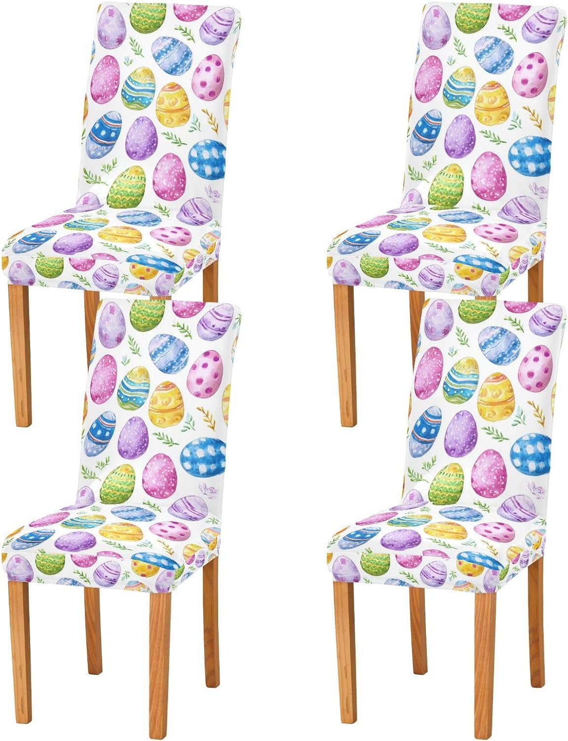 Kcldeci Easter and Green Leaves Spandex Chair Covers for Dining Room Set of 4, Stretch Printed Chair Protectors Covers, Removable and Washable,