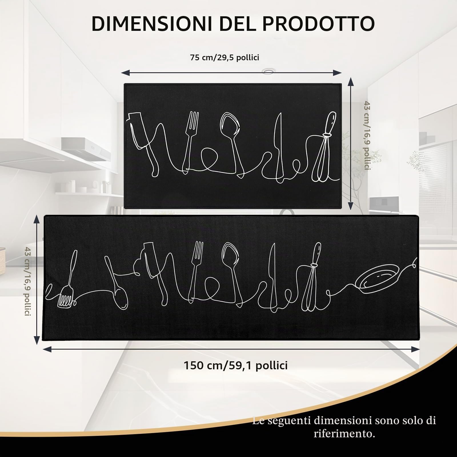 2 pezzi tappeti e stuoie da cucina, tappetini da cucina antiscivolo lavabile, per cucina, corridoio, soggiorno, camera da letto,nero,43x75+43x150cm