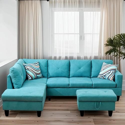 L Shaped Couches for Living Room, Sectional Couch Living Room Furniture with Storage Ottoman, Modular Sectional Sofa with Movable Chaise for Apartment Office, Aqua Blue