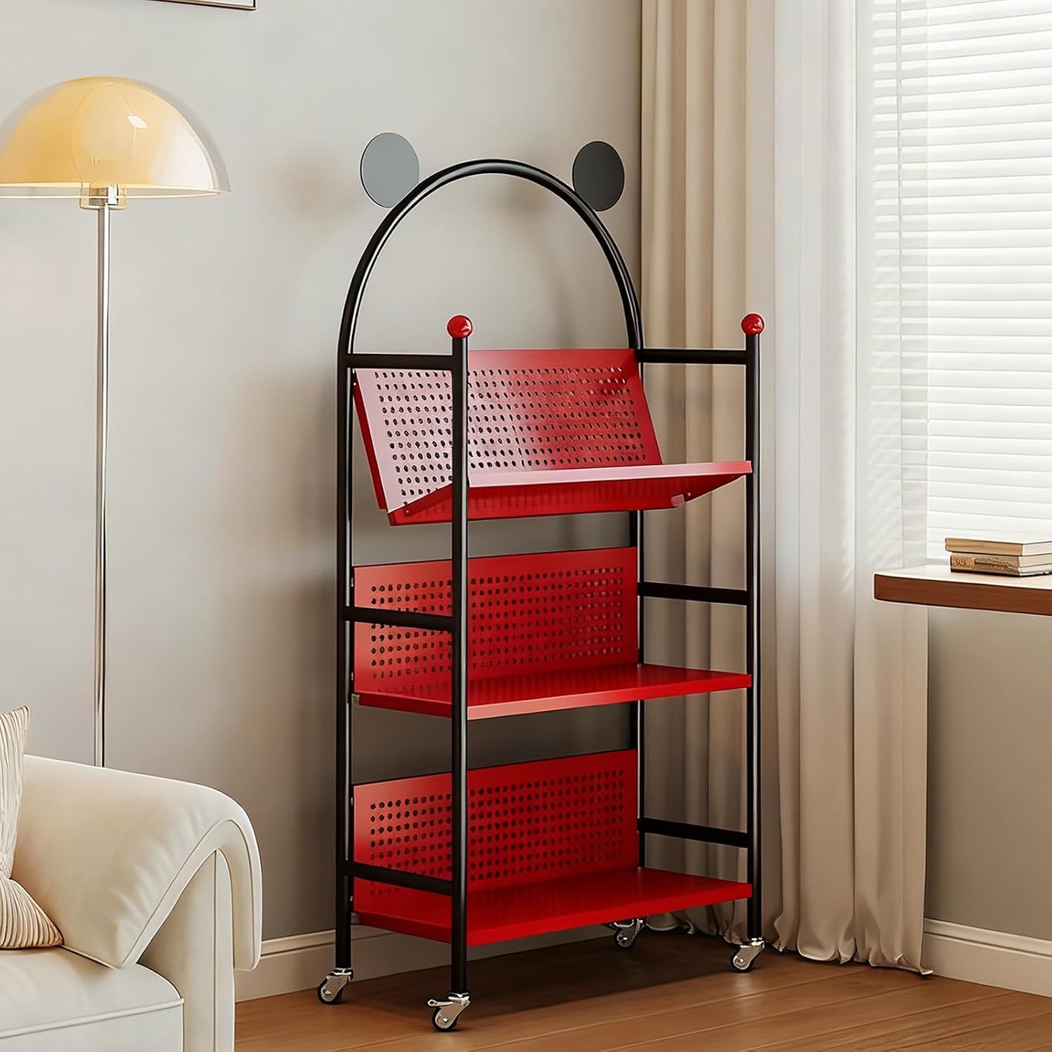 Metal Rolling Book Cart，3 4 Tier Library Cart with 2 Lockable Wheels，360° Movable Bookshelf for Home Shelves Office School Book Truck(Red,3Tier)