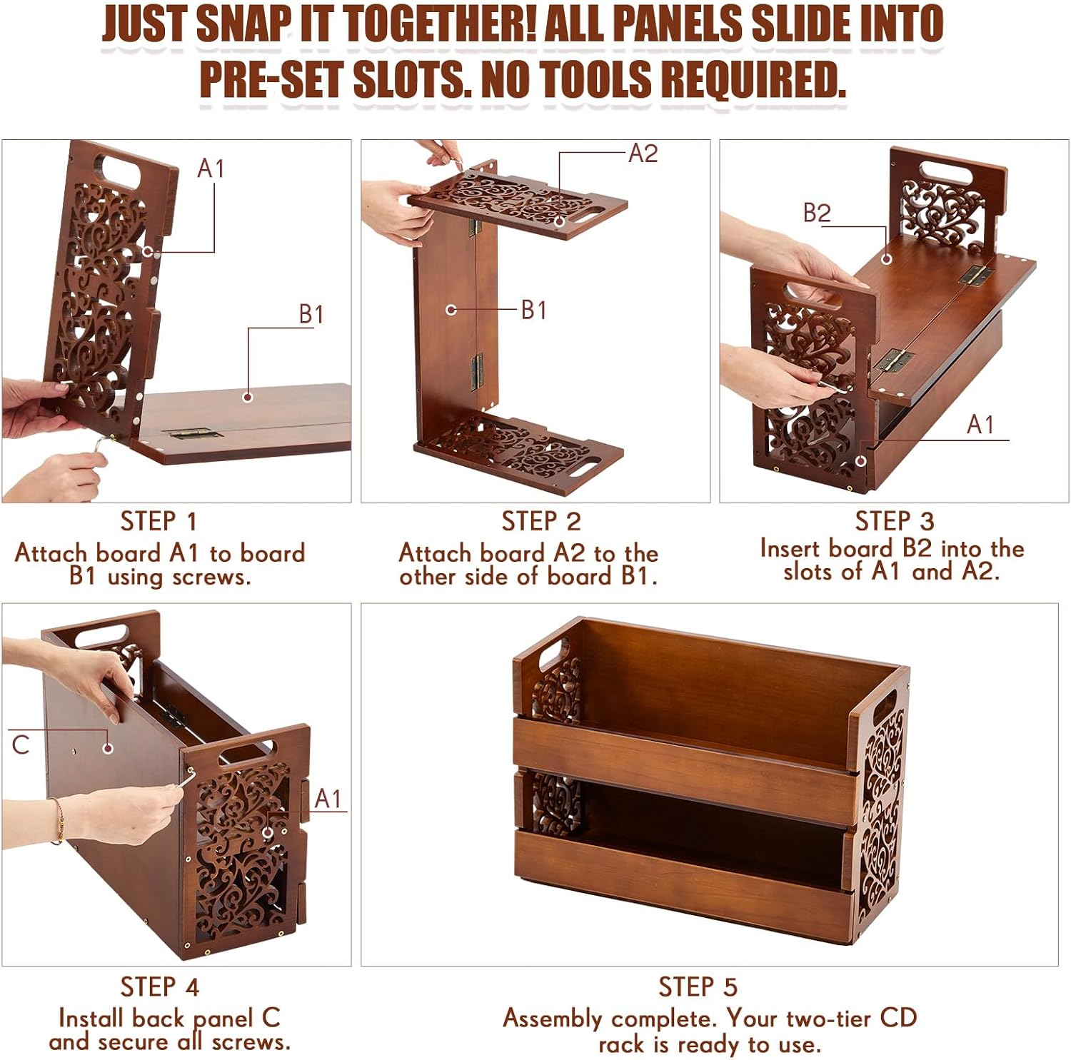 CroBlissful 2-Tier Wooden CD Storage Holder, Cutout Brown CD Display Shelf Rack with Carrying Handles, Decorative CDs Organizer for DVDs, Movie Cases and Cassette Tapes, Holds up to 72 CDs