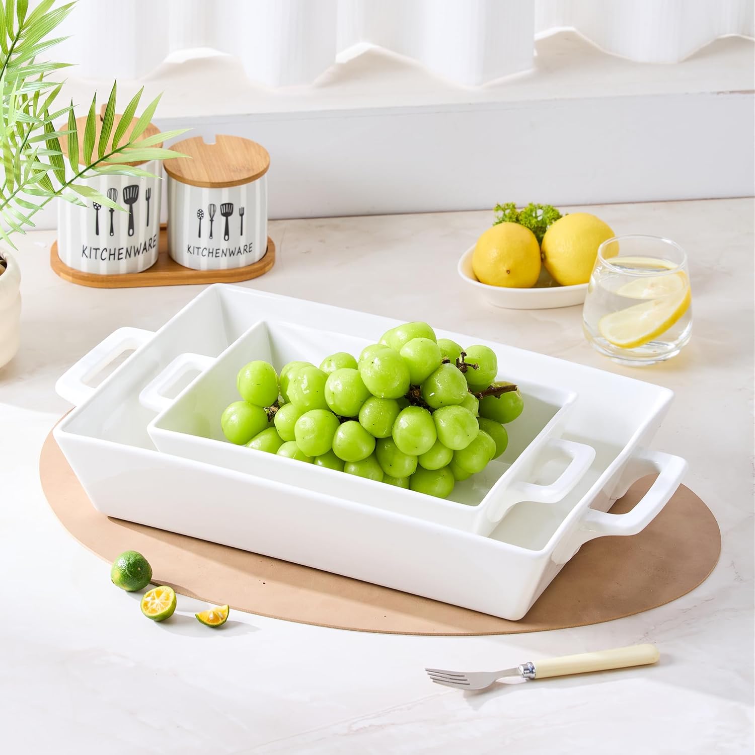 4.6&1.8 Qt Rectangular Ceramic Baking Dishes, 14&9.9 Inch Deep Casserole Lasagna Pans with Handles for Cooking, Roasting, Serving, and Daily Use, Safe for Oven Microwave Dishwasher Freezer