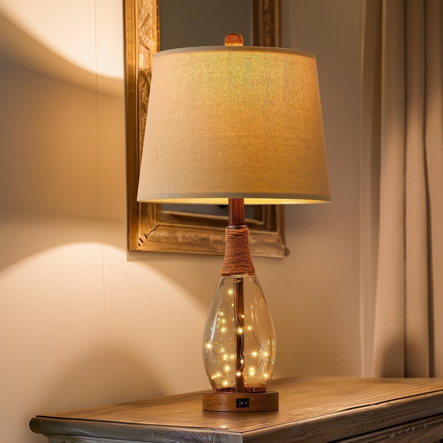 ZR98US Vintage Farmhouse Rattan Lamp Set with USB Night Light - 2pc, Ideal for Bedroom and Living Room