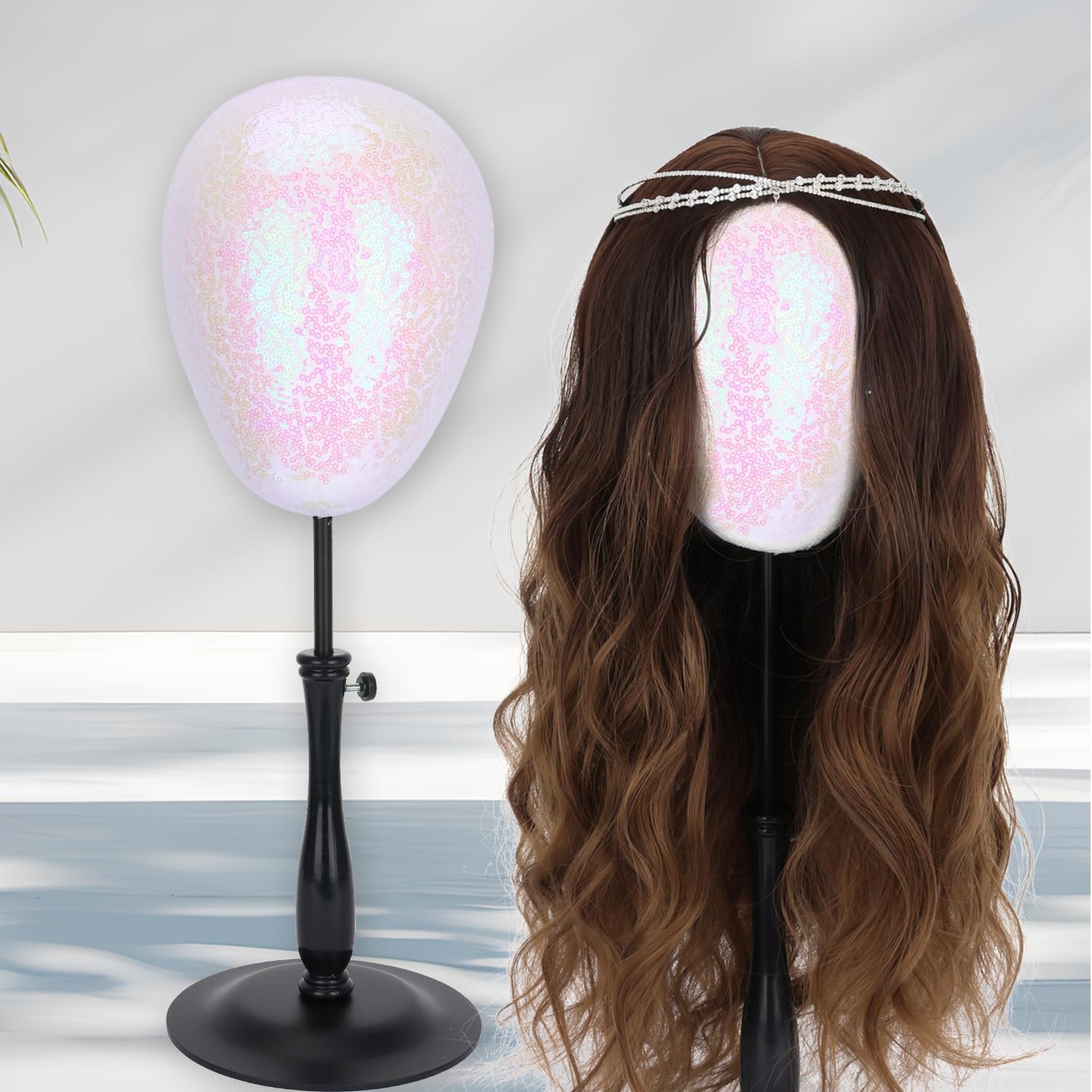 Adjustable Wig Head Stand for Hat and Wig Display, Shining sequins Mannequin Head Stand with Retractable Metal Base for Styling and Display 1pcs (Sparkling white)