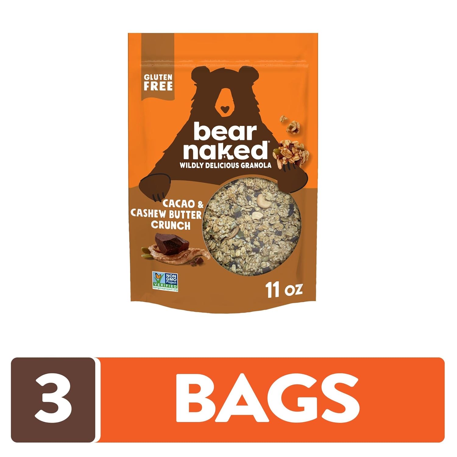 Bear Naked Granola Cereal, Whole Grain Granola, Breakfast Snacks, Cacao and Cashew Butter Crunch (Pack of 6)