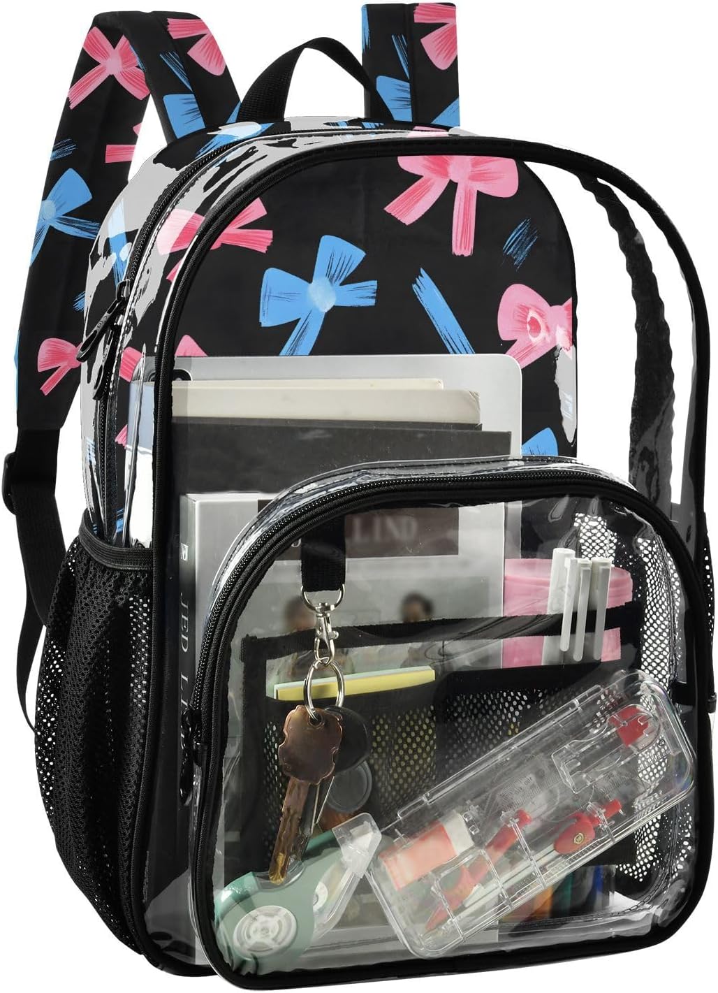 Blue Bow Funny Clear Backpack Heavy Duty See Through Transparent PVC BookBag for Kids Boy Girl Adult School Work